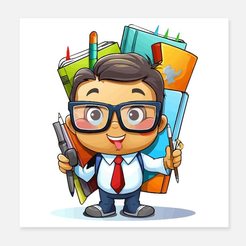 Lernheld Cartoon-Lehrer mit Stiften Poster 20x20 cm