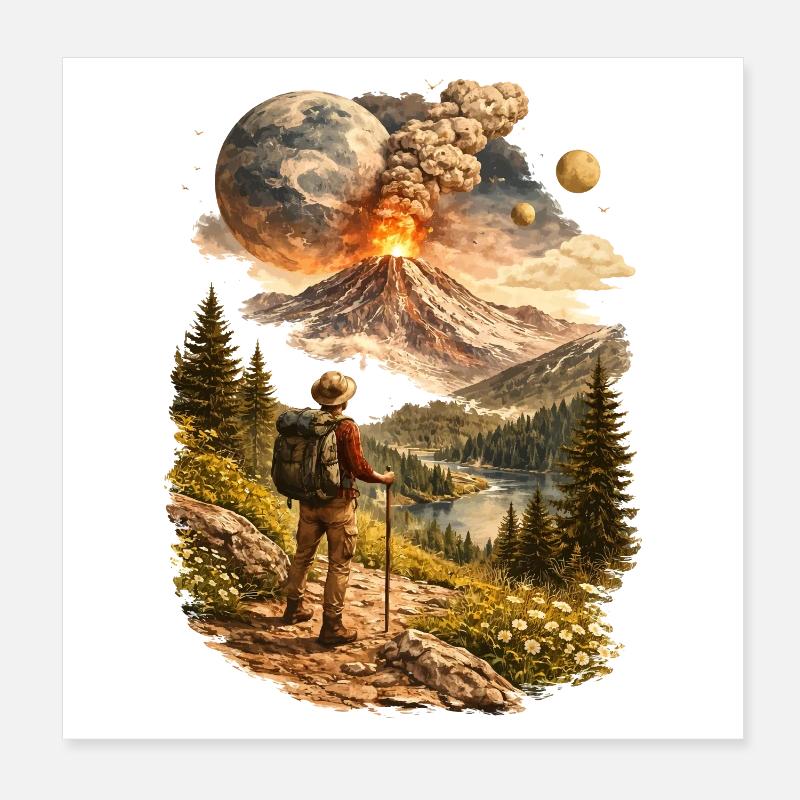 Des randonneurs devant un volcan en éruption et un monde étrange Poster 20 x 20 cm