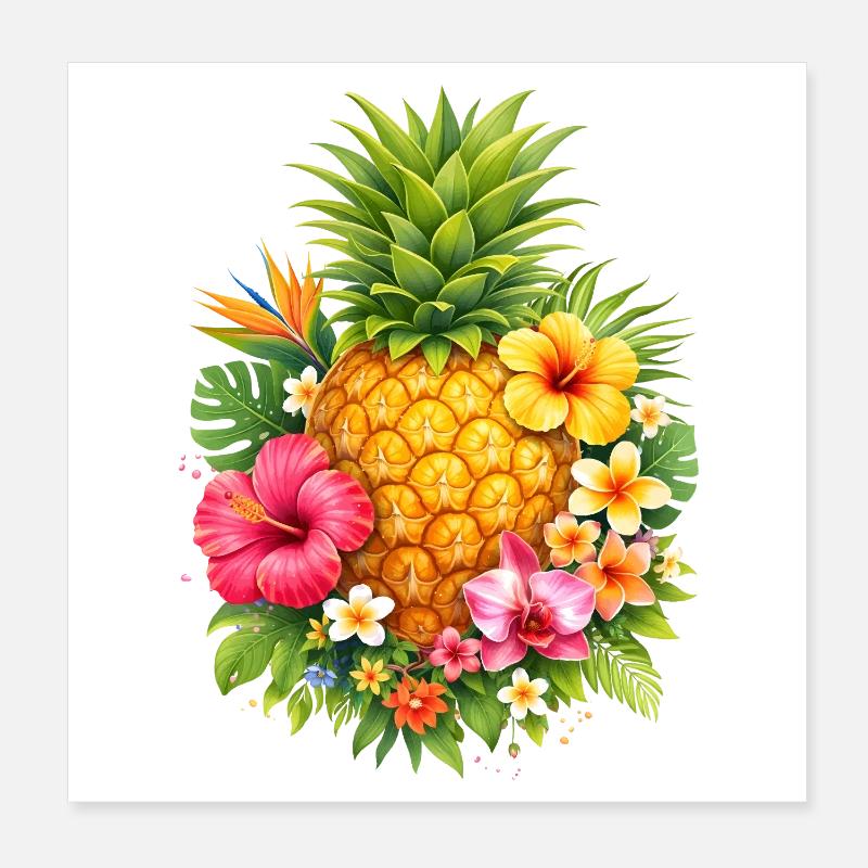 Ananas tropical avec des fleurs Poster 20 x 20 cm