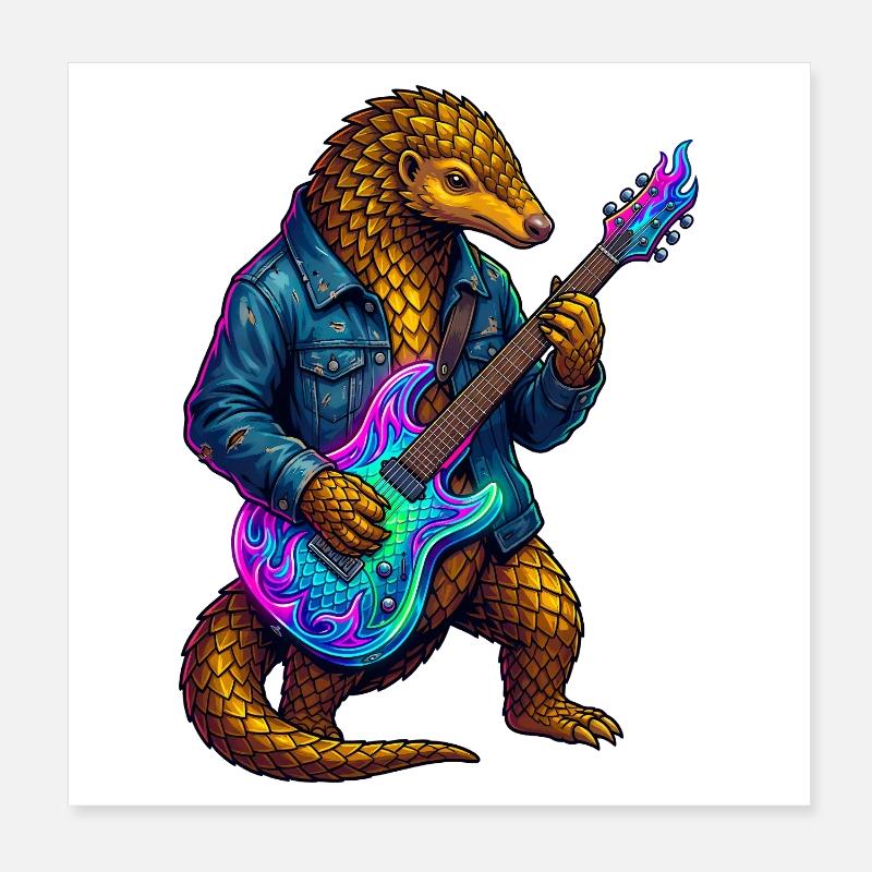 Pangolin avec veste et guitare électrique néon Poster 20 x 20 cm