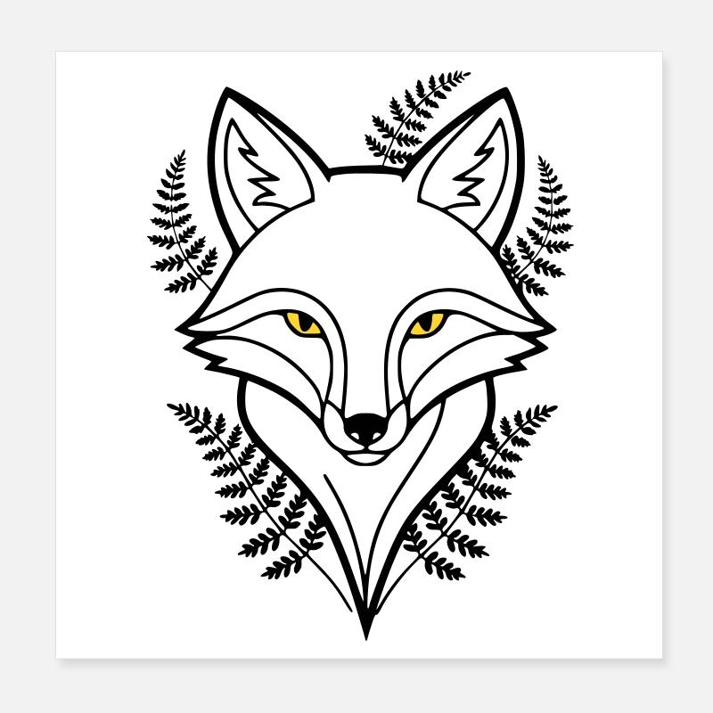 Fox Head Fern Leaves Tattoo Poster 8" x 8" (20x20 cm)