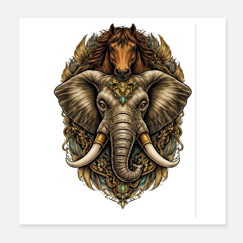 Ornamentale Elefanten-Pferde-Medaille Poster 20x20 cm