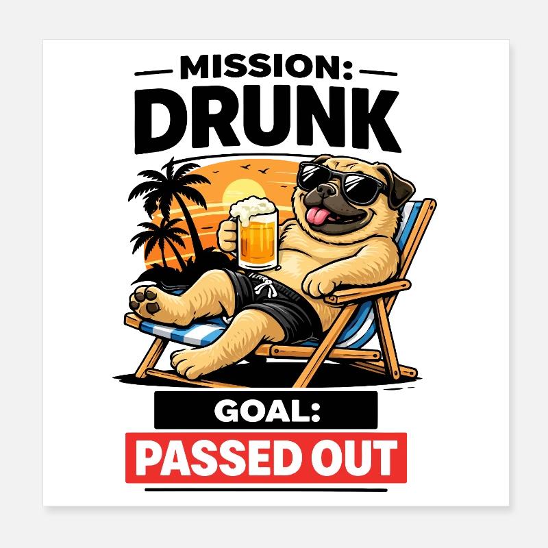 Sunset Pug Loungeing Beer Tee Poster 20x20 cm