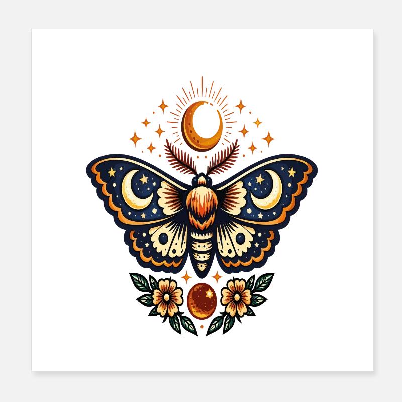 Papillon lunaire et fleurs stellaires Poster 20 x 20 cm