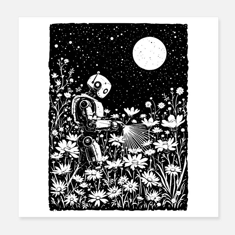 Robot arrosant des fleurs lumineuses Poster 20 x 20 cm