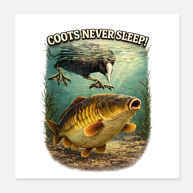Coots Never Sleep Funny Carp Fishing Design Poster 8" x 8" (20x20 cm)