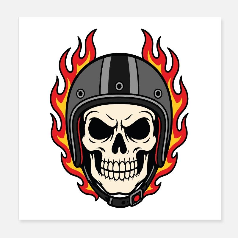 Flammender Totenkopf mit Motorradhelm Poster 20x20 cm