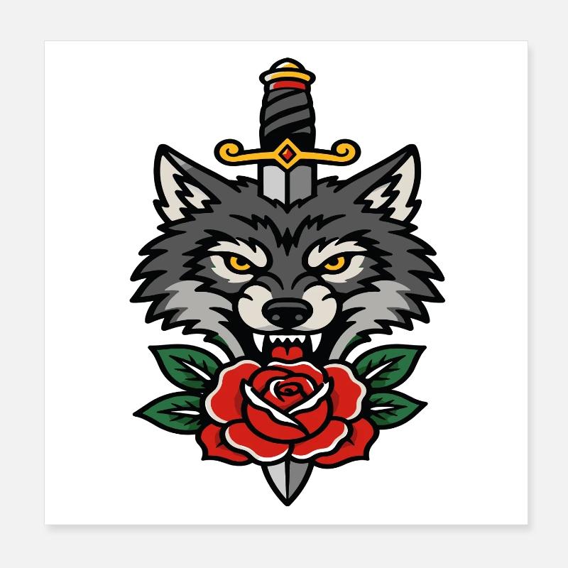 Fierce wolf dagger and pink style tattoo Poster 8" x 8" (20x20 cm)