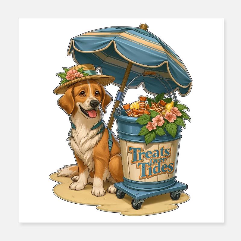 Design de chien de plage Treats Over Tides - Poster 20 x 20 cm - blanc