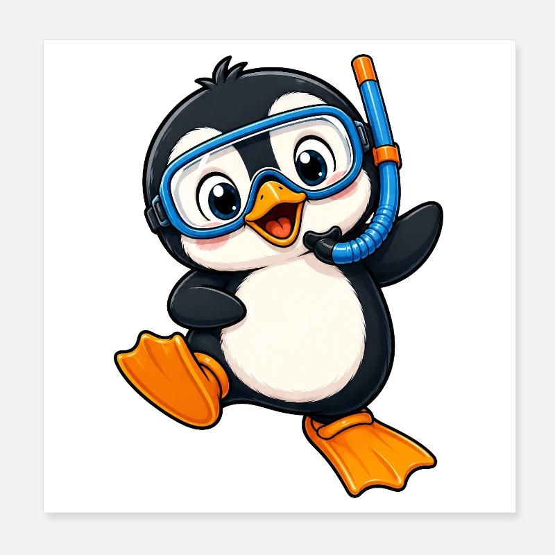 Mignons Penguin Vacances Plongée Eau Mer d’été Poster 20 x 20 cm