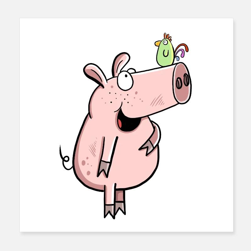Schwein Mit Hahn I Comic Kinder Bauernhof Wutz Fun Poster 20x20 cm