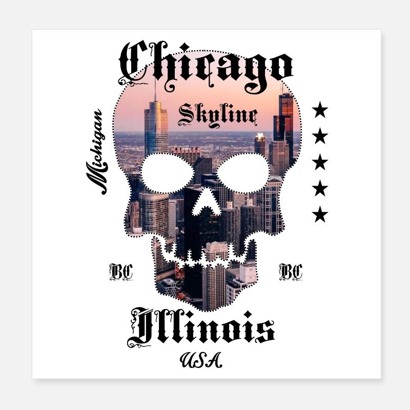 Chicago Skyline Skull Poster 20x20 cm