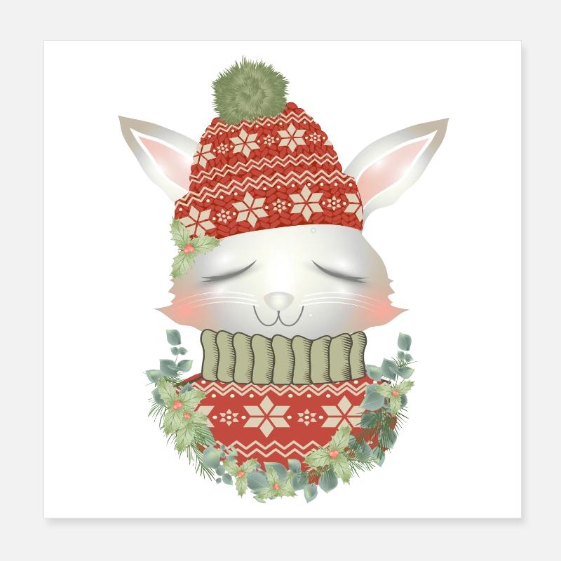 white rabbit with sweater, bobble hat & wreath Poster 8" x 8" (20x20 cm)