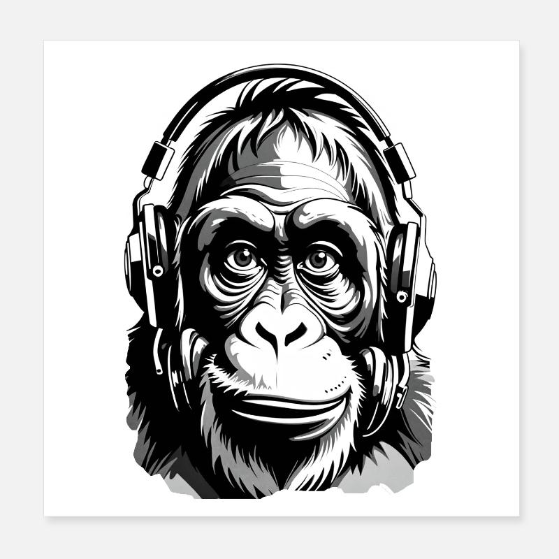 Musik Affe Gorilla mit Kopfhoerer als Geschenkidee Poster 20x20 cm