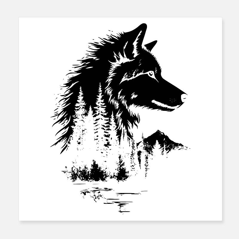 Wolf Face Forest Silhouette Poster 8" x 8" (20x20 cm)