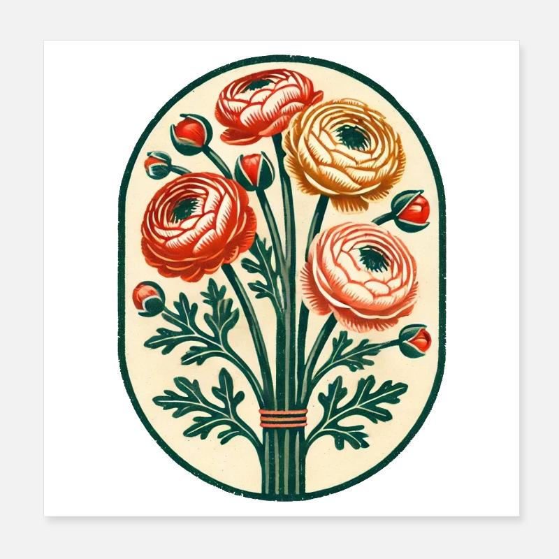 Vintage Ranunculus Bouquet Crest Poster 8" x 8" (20x20 cm)