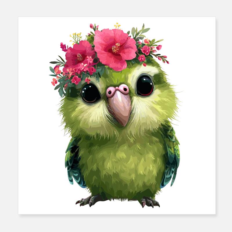 Perroquet de printemps avec couronnes de fleurs Poster 20 x 20 cm