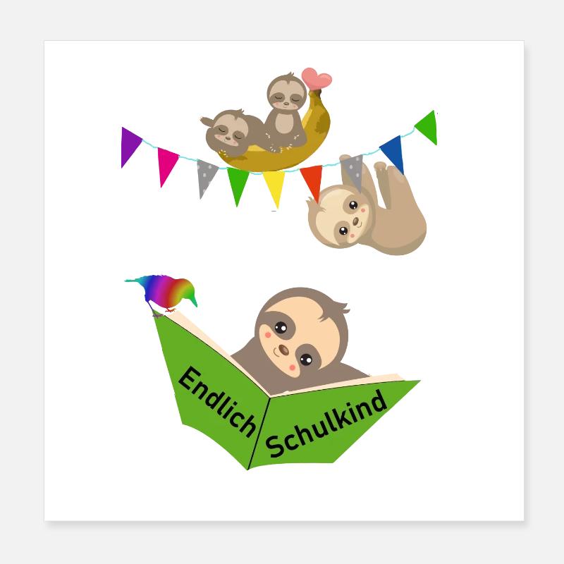 Endlich Schulkind Faultiere süß, Buch lesend - Poster 20x20 cm - Weiß
