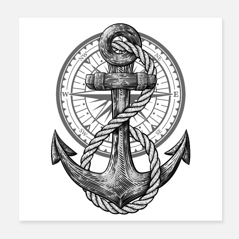 Ancre avec boussole, design maritime pour skipper Poster 20 x 20 cm