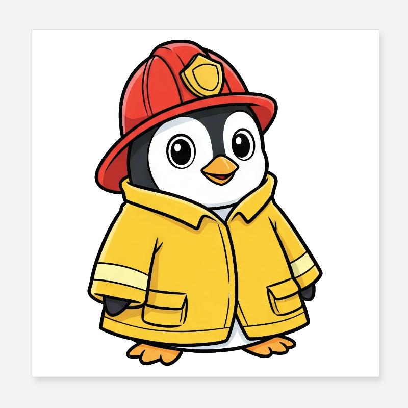 Dessin animé Pompier Aidant Pingouin Mignon Poster 20 x 20 cm