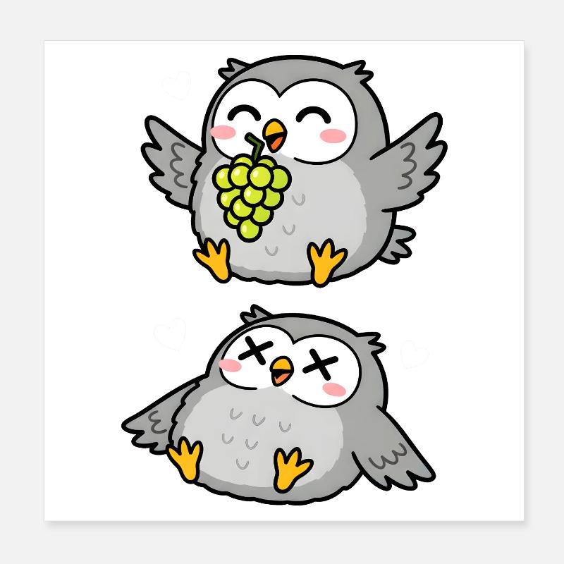 Chouettes de dessin animé mignonnes et heureuses avec des raisins Poster 20 x 20 cm