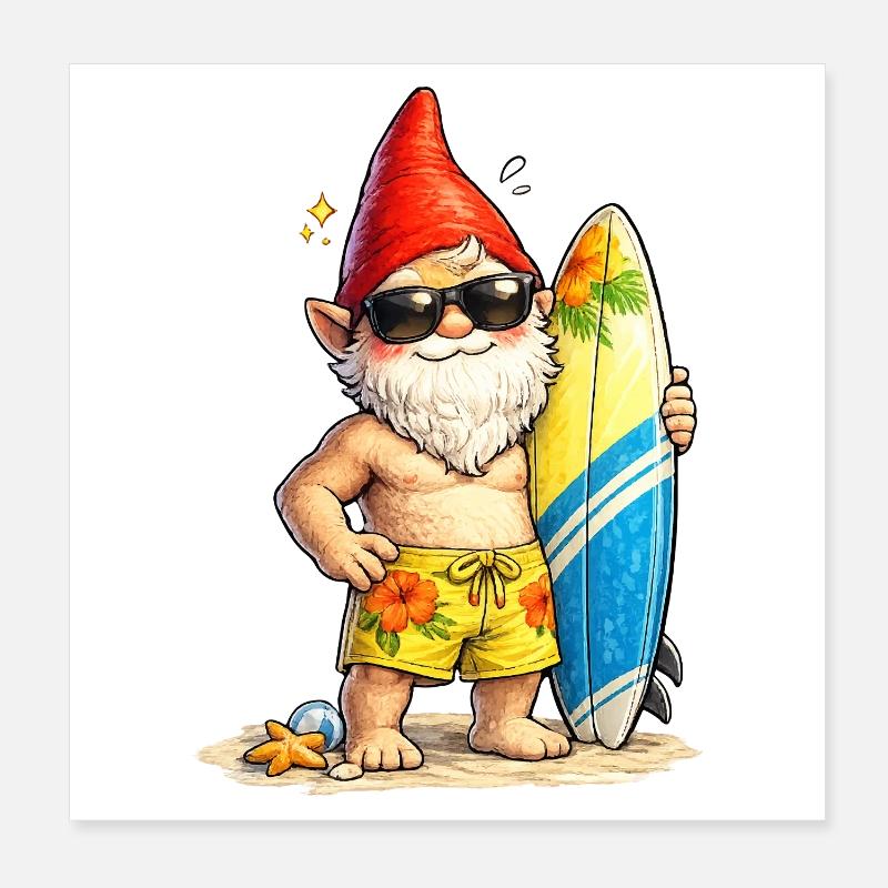 Cool garden gnome with surfboard Poster 8" x 8" (20x20 cm)