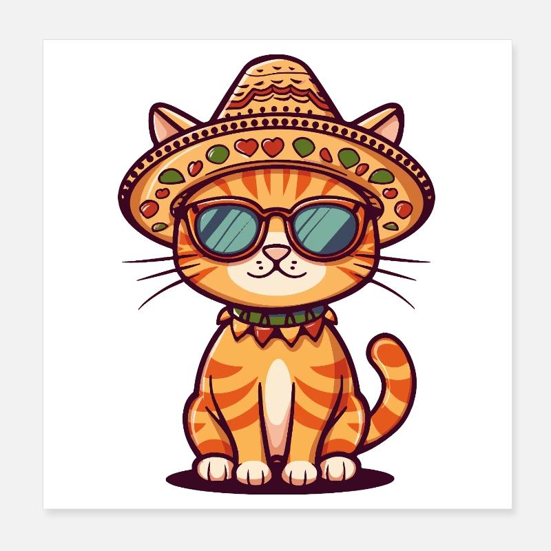 Cat Comic Funny Sombrero Poster 8" x 8" (20x20 cm)