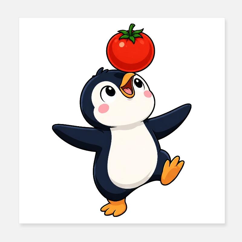 Cute Penguin Dancing Vegetables Joy Cartoon Poster 8" x 8" (20x20 cm)