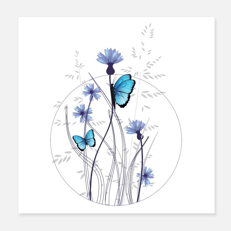 herbes délicates, bleuets et papillons Poster 20 x 20 cm