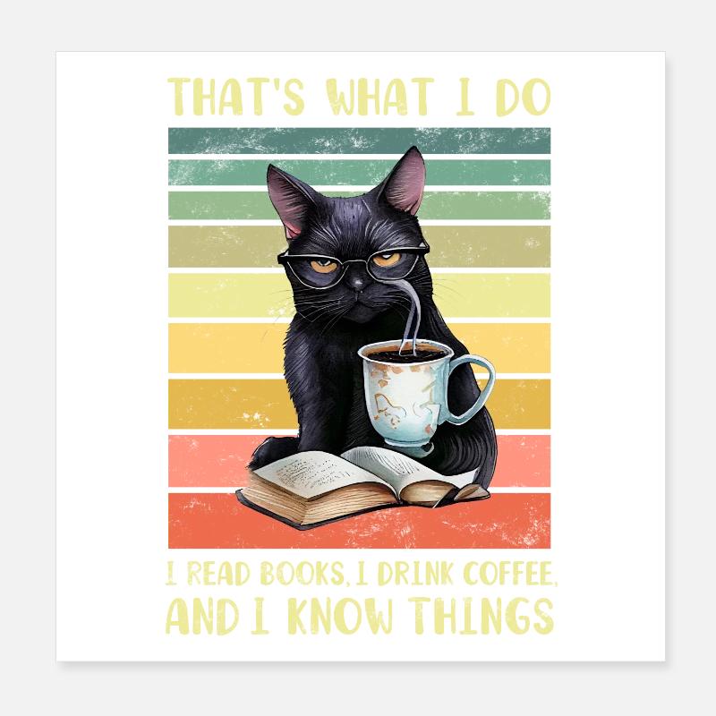 Black cat with coffee and book Poster 8" x 8" (20x20 cm)