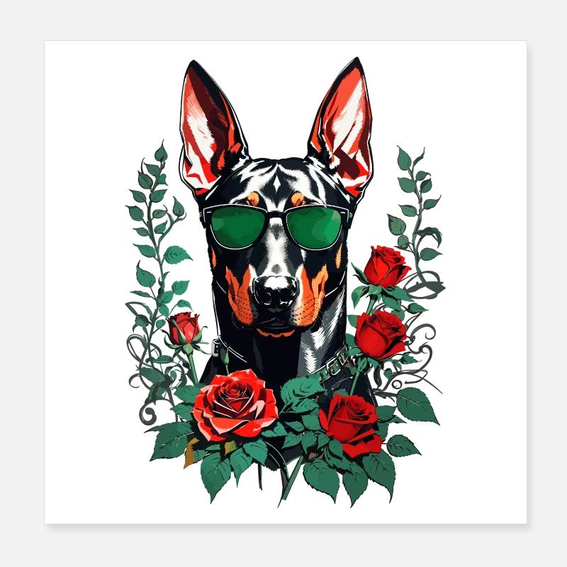Dobermann mit Rosen Poster 20x20 cm