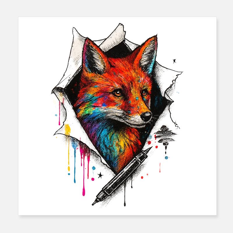Rainbow Fox Art with Paint Splash Poster 8" x 8" (20x20 cm)