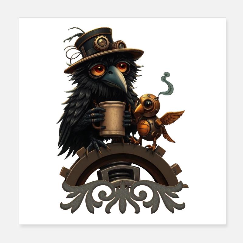 Steampunk Rabe mit Becher Poster 20x20 cm
