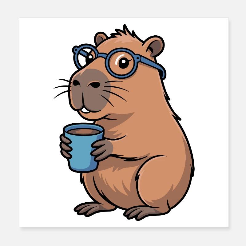 Kaffeetrinkender Capybara mit Brille Poster 20x20 cm