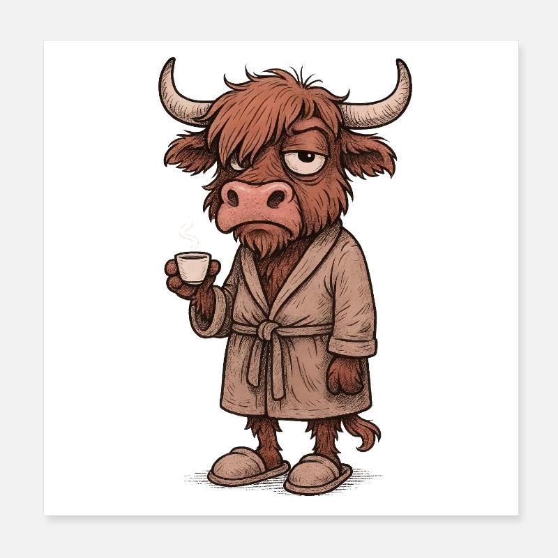 Grumpy Highland Cow with Coffee – Morning Grouch Poster 8" x 8" (20x20 cm)