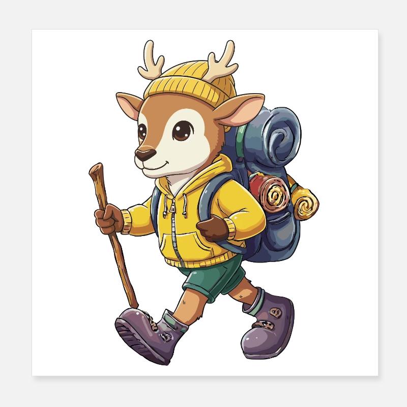 Cute Deer Hiking Camping Adventure Backpacker Poster 8" x 8" (20x20 cm)