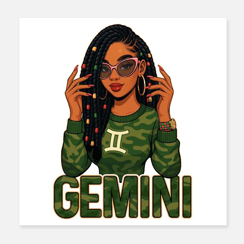 Zwillinge Königin – Loc-Afro-Mädchen Lebendiger Geist Poster 20x20 cm