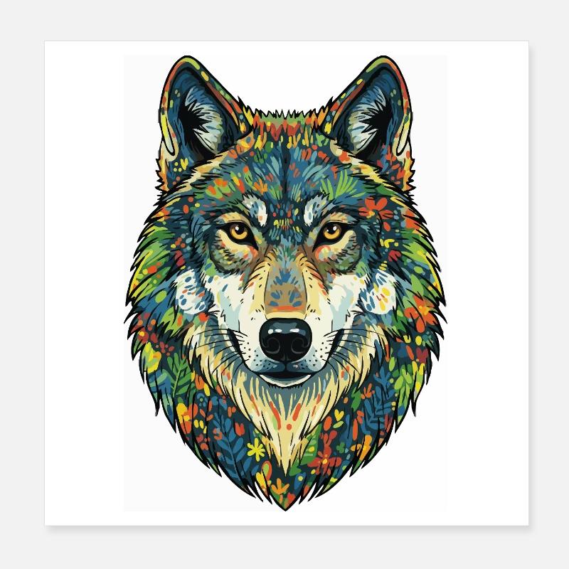 Bunter Wolf mit Blumen Poster 20x20 cm