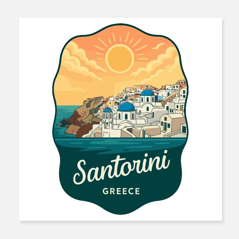 Santorini Blue Domes Retro Sonnenuntergangsabzeichen Poster 20x20 cm