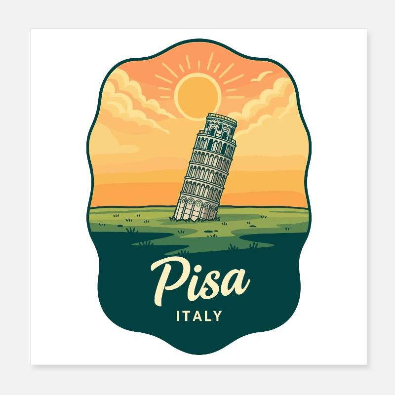 Pisa Leaning Tower Vintage Sunset Badge Poster 8" x 8" (20x20 cm)