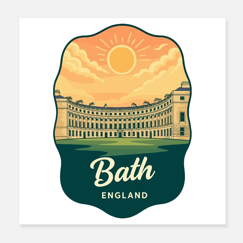 Bath Royal Crescent Retro Sunset Badge Poster 8" x 8" (20x20 cm)