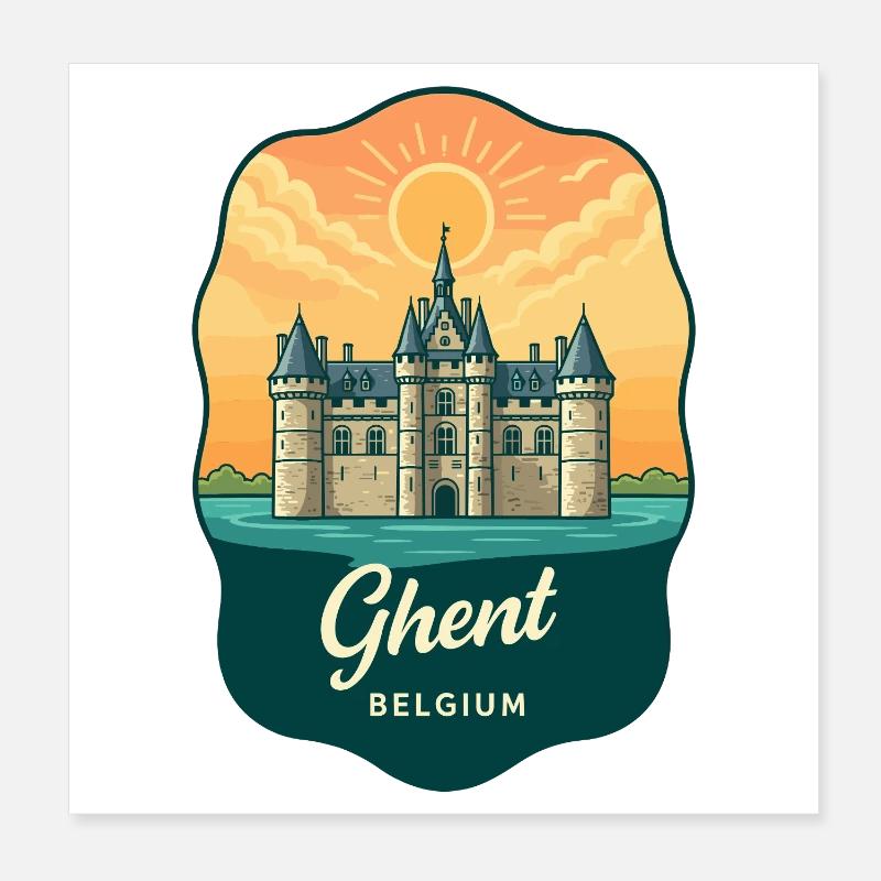 Insigne rétro du coucher de soleil du château de Gand Gravensteen Poster 20 x 20 cm