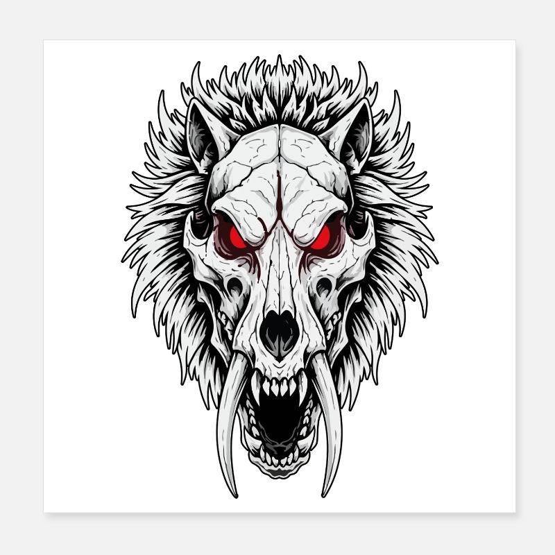 Schamanischer Säbelzahn-Wolfsschädel Rote Augen Poster 20x20 cm