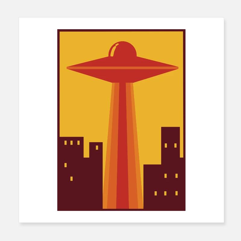 70er Ufo über Stadt Poster 20x20 cm