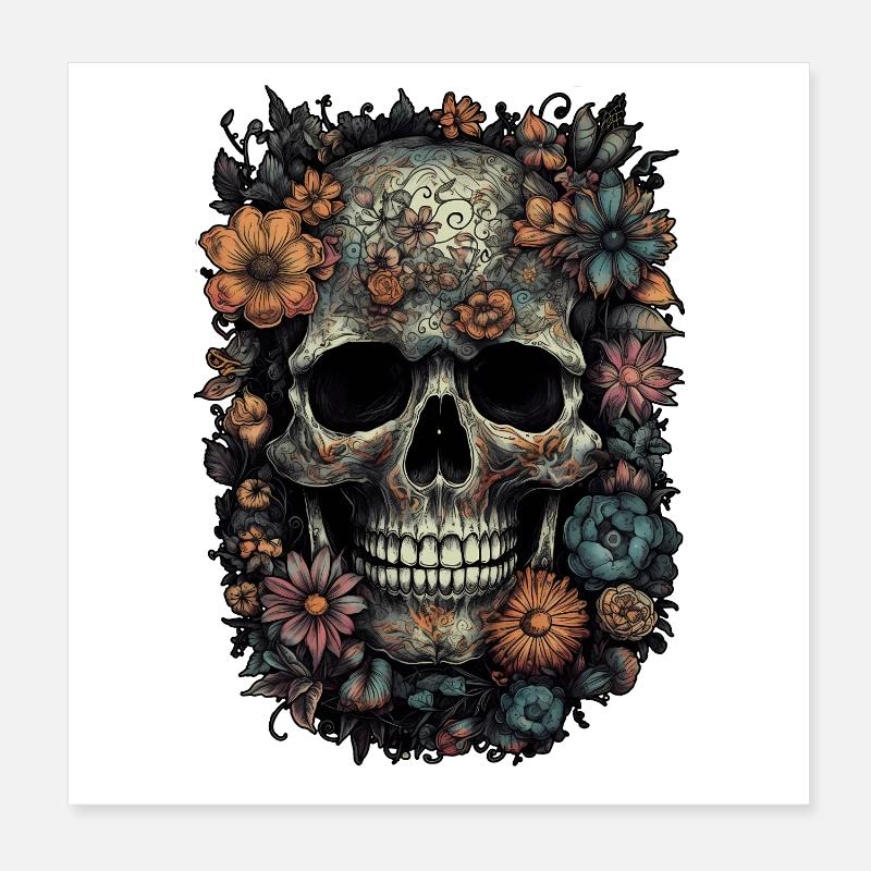 Crâne de crâne boho cool avec des fleurs colorées Poster 20 x 20 cm