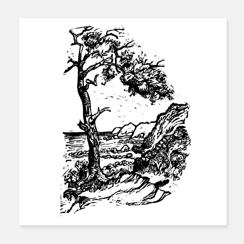 Ostsee Strand Linolschnitt schwarz Poster 20x20 cm