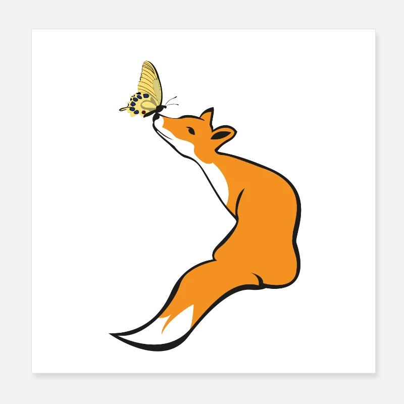 Renard ludique avec papillon Poster 20 x 20 cm