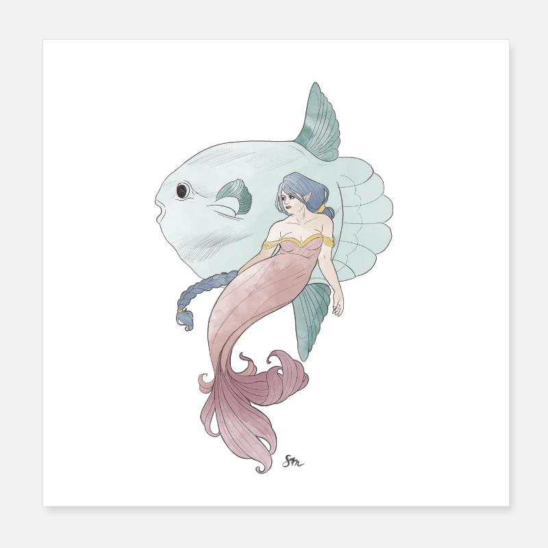 Amis de la mer – Sirène avec poisson-lun Poster 20 x 20 cm