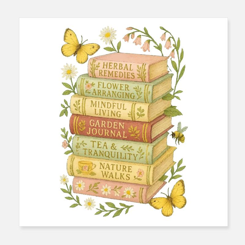 Nature and Book Lovers Floral Book Stack Poster 8" x 8" (20x20 cm)