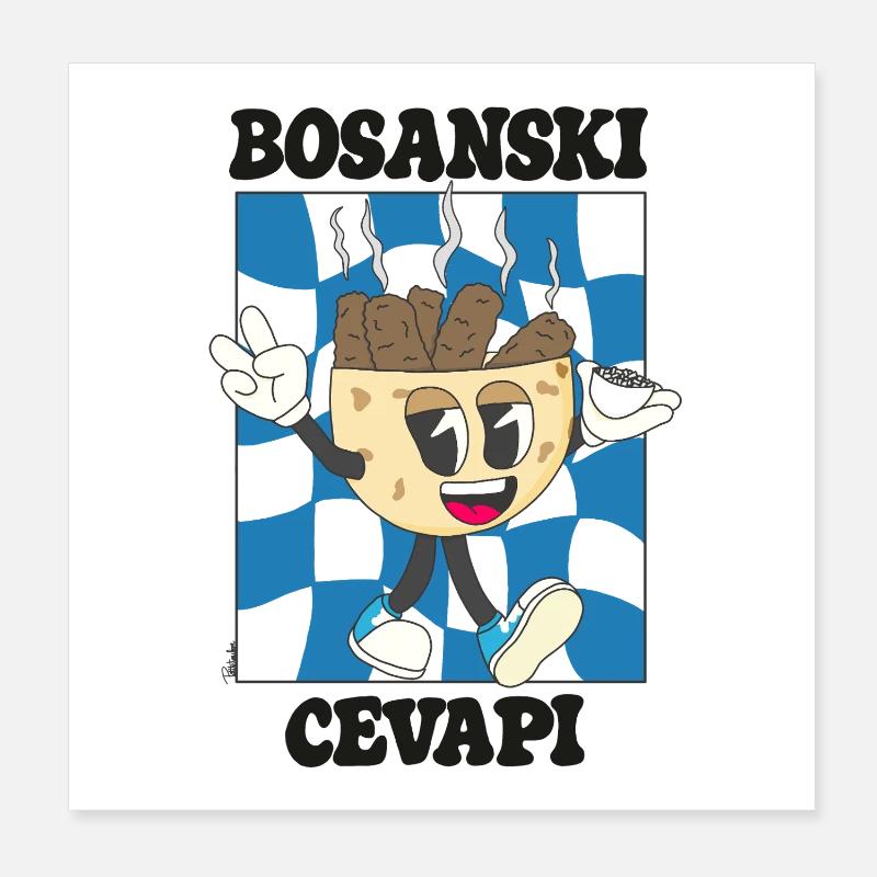 Cevapi Bosnian Cartoon Blue Mascot Poster 8" x 8" (20x20 cm)